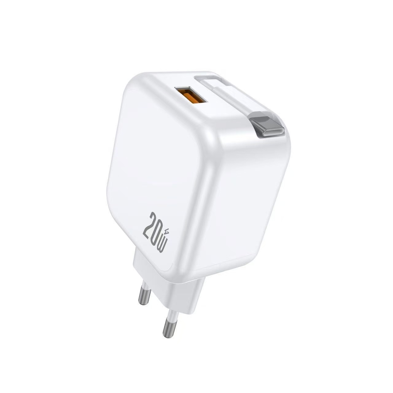 Aukru 20W Fast Charger with Built-in Retractable Type-C Cable + USB-A - 20W Retractable Type-C + USB-A (EU White) - Aukru Wholesale Power Supply