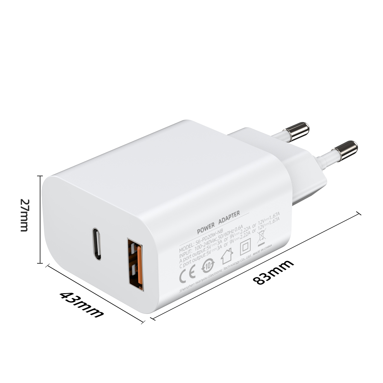 Aukru S6 Multi-Standard Power Adapter (EU / US / UK / IN) - S6 EU Dual Port A+C (White) - Dimensions & Laser Marking