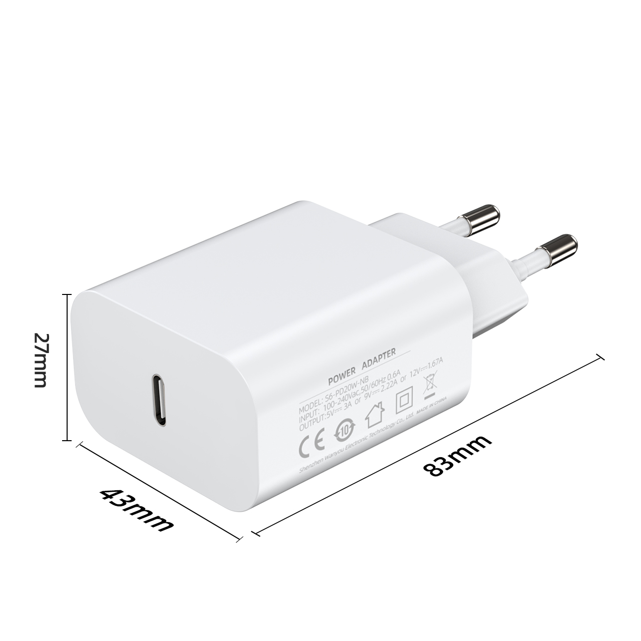 Aukru S6 Multi-Standard Power Adapter (EU / US / UK / IN) - S6 EU Single Type-C (White) - Dimensions & Laser Marking