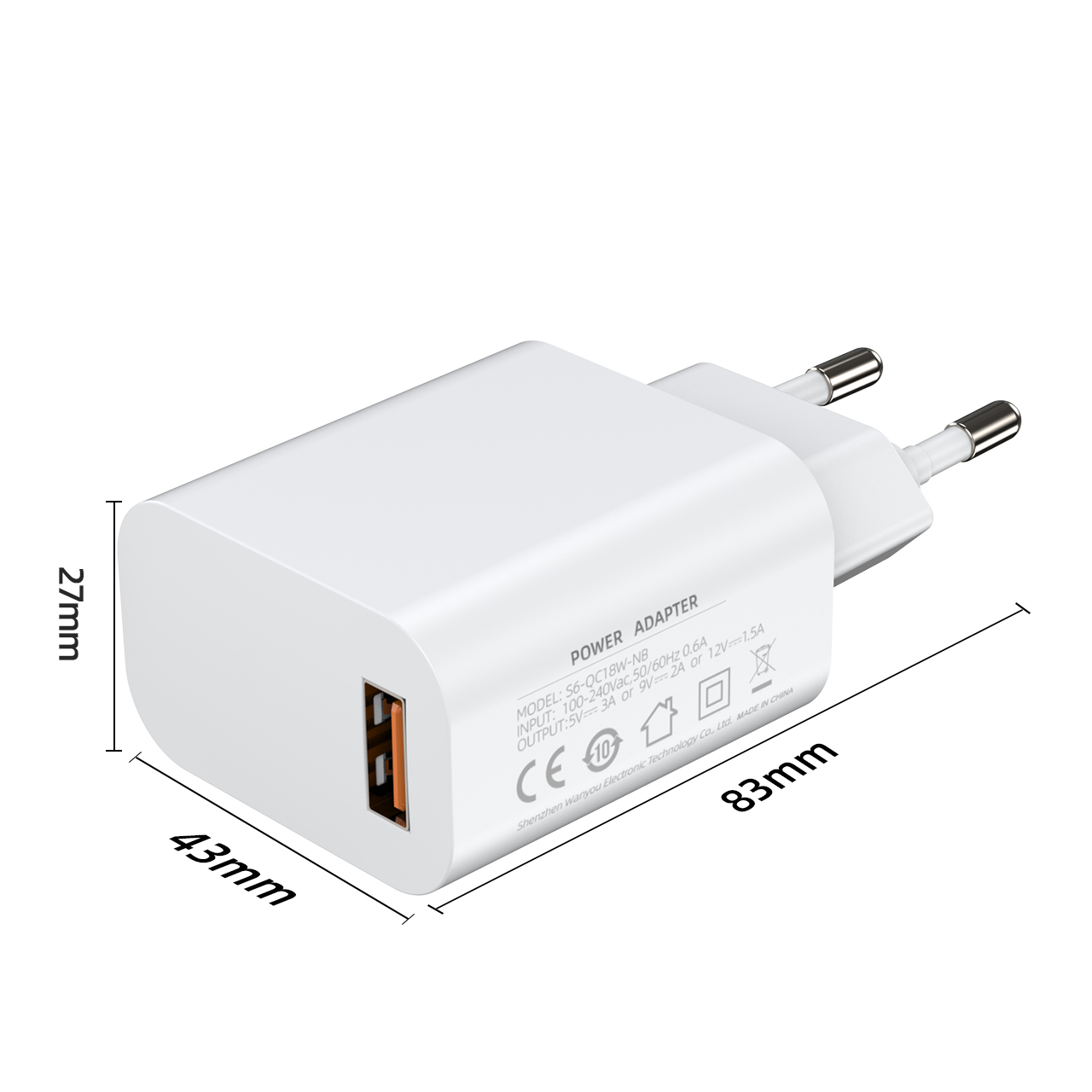 Aukru S6 Multi-Standard Power Adapter (EU / US / UK / IN) - S6 EU USB - Dimensions & Laser Marking